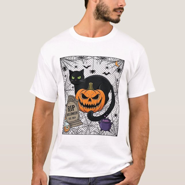 Camiseta Gato Preto de Halloween Abóbora Lápide Caldeirão (Frente)