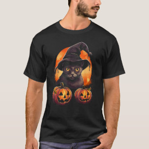 Camiseta Gato Preto de Halloween Abóbora Lua Bruxa Chapéu A
