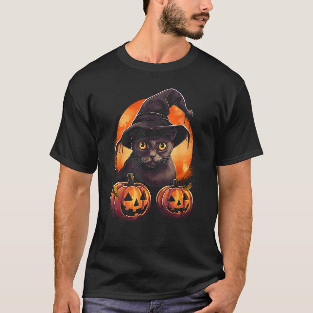 Camiseta Gato Preto de Halloween Abóbora Lua Bruxa Chapéu A (Frente)