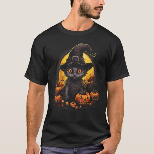 Camiseta Gato Preto de Halloween Abóbora Lua Bruxa Chapéu A (Frente)