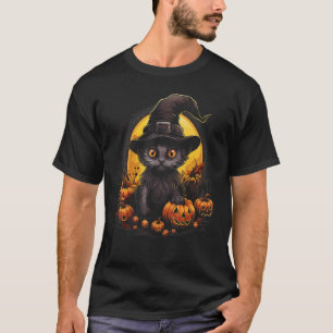 Camiseta Gato Preto de Halloween Abóbora Lua Bruxa Chapéu A
