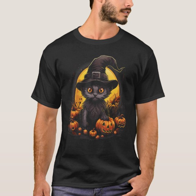 Camiseta Gato Preto de Halloween Abóbora Lua Bruxa Chapéu A (Frente)