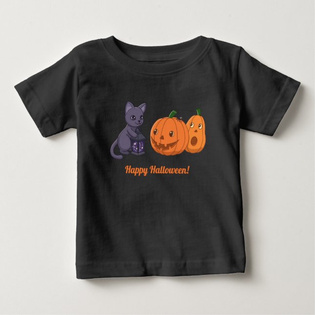 Camiseta Gato Preto de Halloween, Abóboras, Lanterna Mágica (Frente)