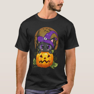 Camiseta Gato Preto de Halloween Bruxa Chapéu Abóbora Para
