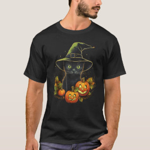 Camiseta Gato Preto de Halloween Chapéu de Bruxa Abóbora