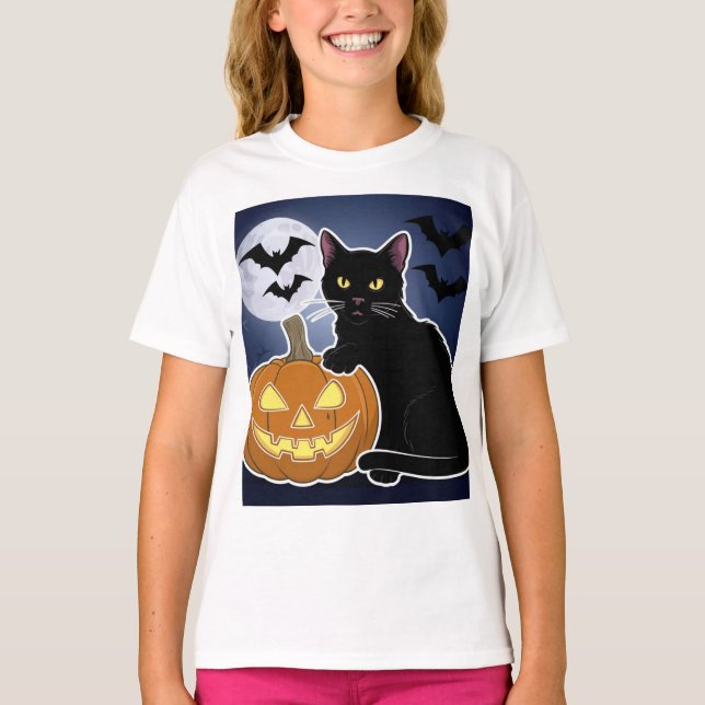 Camiseta gato preto de halloween com abóbora (Frente)