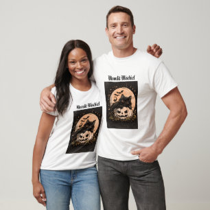 Camiseta Gato Preto de Halloween e Gráfico de Abóbora ao Lu