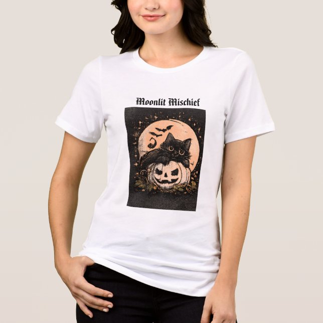 Camiseta Gato Preto de Halloween e Gráfico de Lua Cheia de  (Frente)
