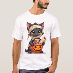 Camiseta Gato Preto de Halloween Fofo Abóbora Doces ou Trav