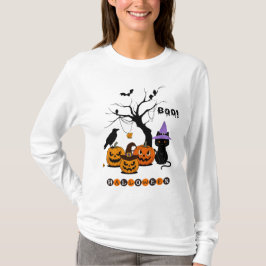 Camiseta Gato Preto de Halloween Fofo com Abóboras