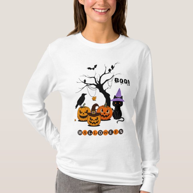 Camiseta Gato Preto de Halloween Fofo com Abóboras (Frente)