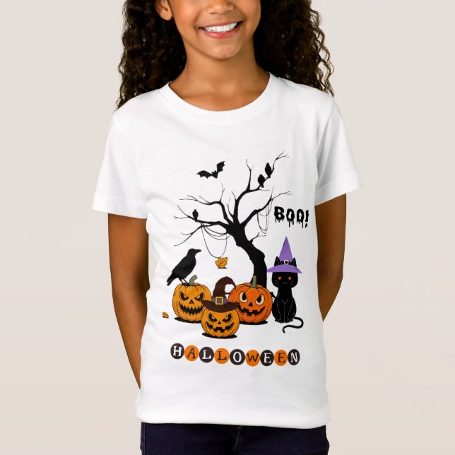 Camiseta Gato Preto de Halloween Fofo com Abóboras (Frente)