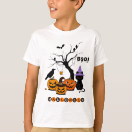 Camiseta Gato Preto de Halloween Fofo com Abóboras