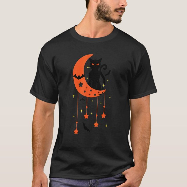 Camiseta Gato Preto de Halloween Fofo Com Gato Lua (Frente)