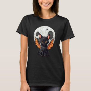 Camiseta Gato Preto de Halloween Laranja com Morcegos, Lua