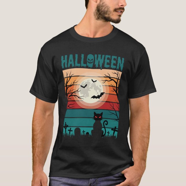 Camiseta Gato Preto De Halloween Lua Cemitério Retro Vetor  (Frente)