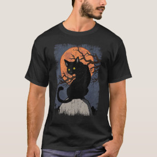 Camiseta Gato Preto de Halloween Lua Vermelha Assustador Ga