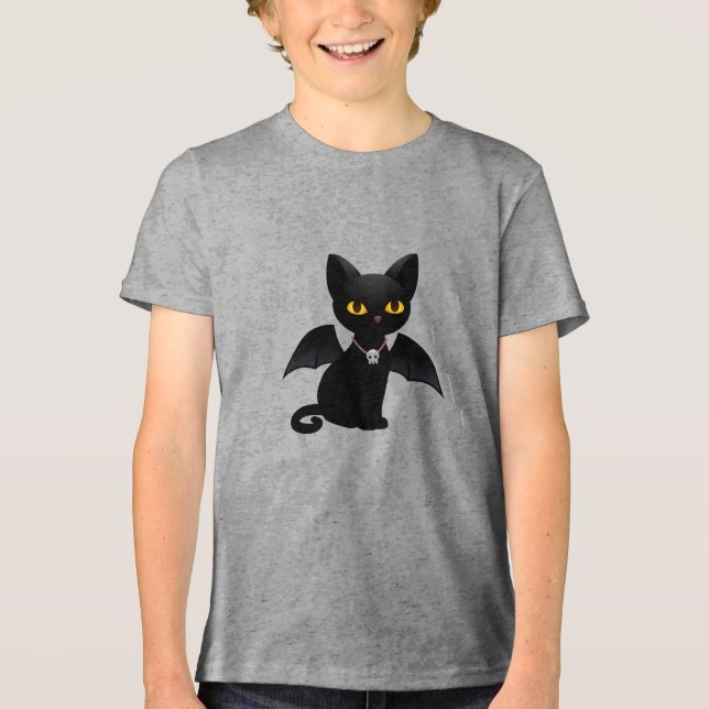 Camiseta Gato Preto de Halloween Vampiro com Asas (Frente)