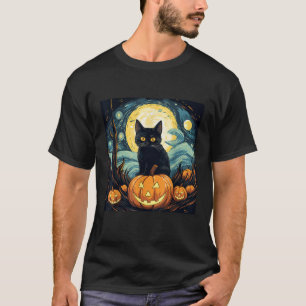 Camiseta Gato Preto de Halloween Van Gogh Bruxa Noite Estre