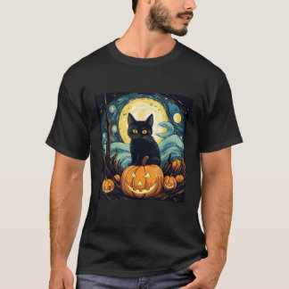 Camiseta Gato Preto de Halloween Van Gogh Bruxa Noite Estre
