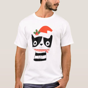 Camiseta Gato preto de Natal bonito no Chapéu do Papai Noel