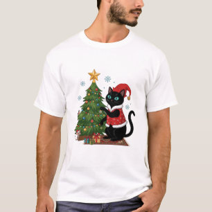 Camiseta Gato Preto de Natal Chapéu do Papai Noel Árvore Ra