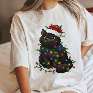 Camiseta Gato Preto de Natal Fofo Enroscado em Luzes