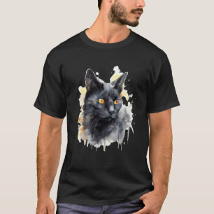 Camiseta Gato Preto Desenho Gráfico Aquarela Gato Preto Leg