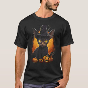 Camiseta Gato Preto Dia das Bruxas Chapéu de Bruxa Abóbora