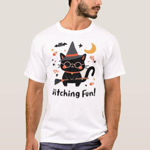 Camiseta Gato Preto Divertido com Vassoura Cute Halloween