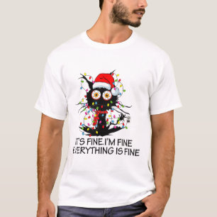 Camiseta Gato Preto Divertido Está Tudo Bem Estou Bem Tudo