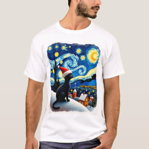 Camiseta Gato Preto do Chapéu de Papai Noel da Noite Estrel