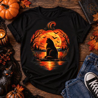 Camiseta Gato Preto do Dia das Bruxas Abóbora Lua