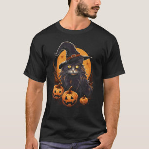 Camiseta Gato Preto do Dia das Bruxas Chapéu de Bruxa Abóbo