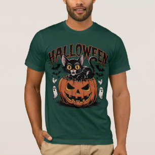 Camiseta Gato Preto do Dia das Bruxas com Abóbora