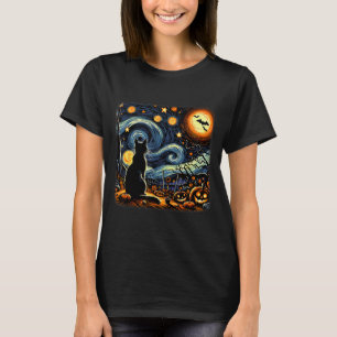 Camiseta Gato Preto do Dia das Bruxas Van Gogh Noite Estrel