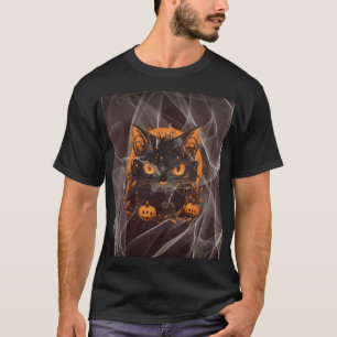 Camiseta Gato Preto do Halloween com Pumpkins e Lua