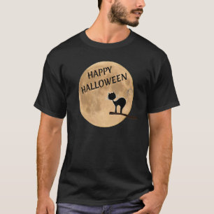Camiseta Gato Preto do Halloween Lua Cheia Feliz Gato de Ha