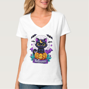 Camiseta Gato Preto do Halloween Sentado em uma Abóbora