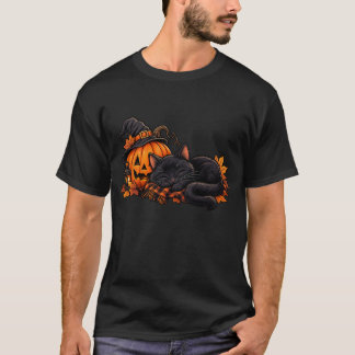 Camiseta Gato Preto Dormindo ao Lado de Abóbora de Hallowee