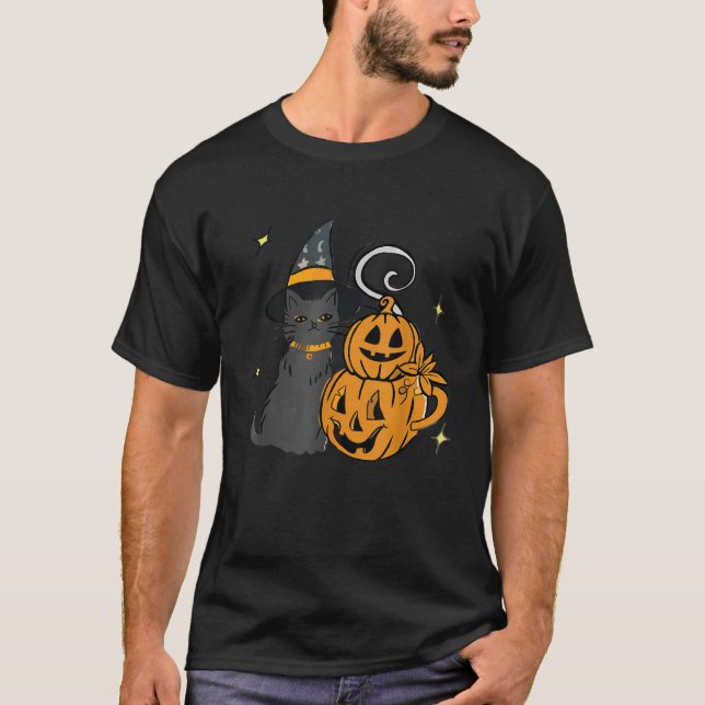 Camiseta Gato Preto E Abóbora Cuja Face De Halloween É Tren (Frente)