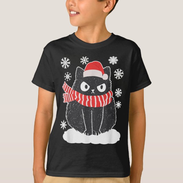 Camiseta Gato preto e bonito Gato Natal Natal Gato de Neve  (Frente)