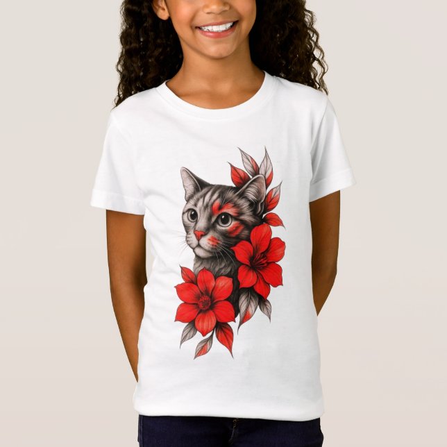 Camiseta Gato Preto e Branco com Flores Vermelhas Vibrantes (Frente)