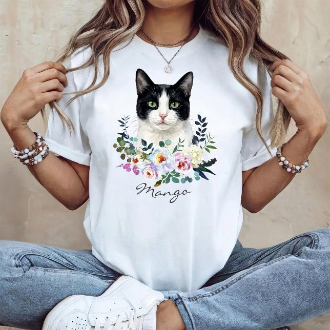 Camiseta Gato Preto e Branco em Aquarela (Criador carregado)