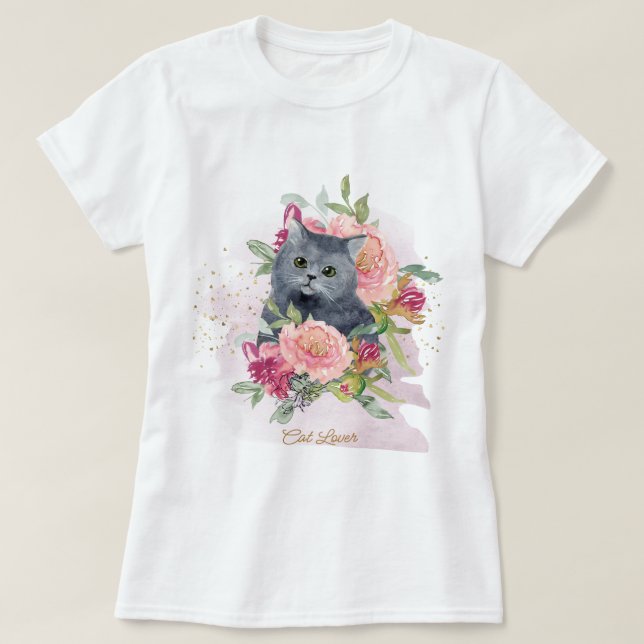 Camiseta Gato Preto e Flores Pet Lover (Frente do Design)