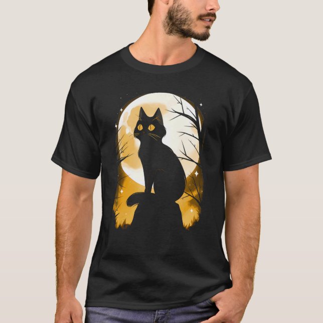 Camiseta Gato Preto e Lua Cheia Laranja Fantasia de Hallowe (Frente)