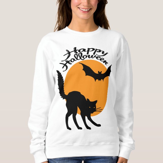 Camiseta Gato preto e morcego de Halloween com lua, hallowe (Frente)