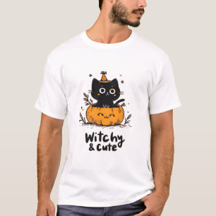 Camiseta Gato preto em abóbora com chapéu de bruxa, design