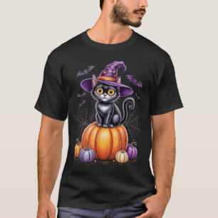 Camiseta Gato Preto Em Abóbora Com Chapéu De Bruxa Hallowee