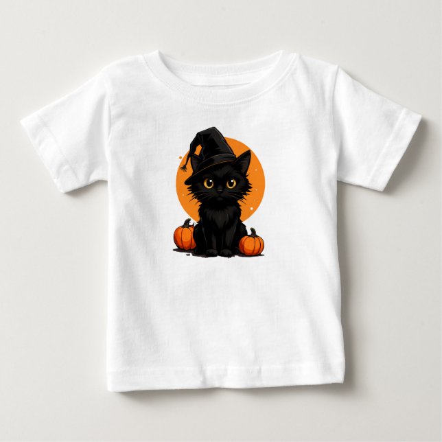 Camiseta Gato Preto em Abóboras sob Lua Cheia (Frente)